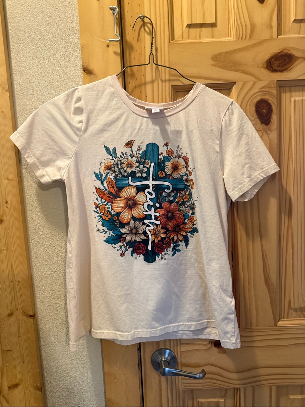 Faith Floral Graphic Essential Tee - Cream with Teal & Orange Floral Cross